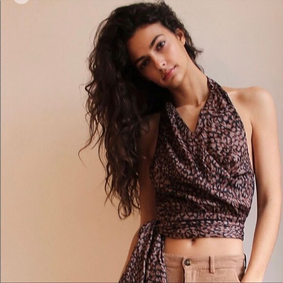 Free People Light Blue and Cream Leopard Print Two Way Street Halter Top - Picture 1 of 7
